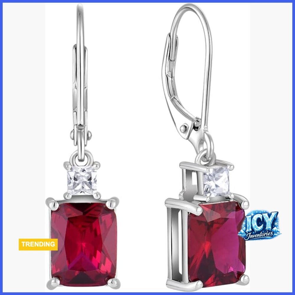 Sterling Silver Leverback Dangle Earrings with Created Ruby
